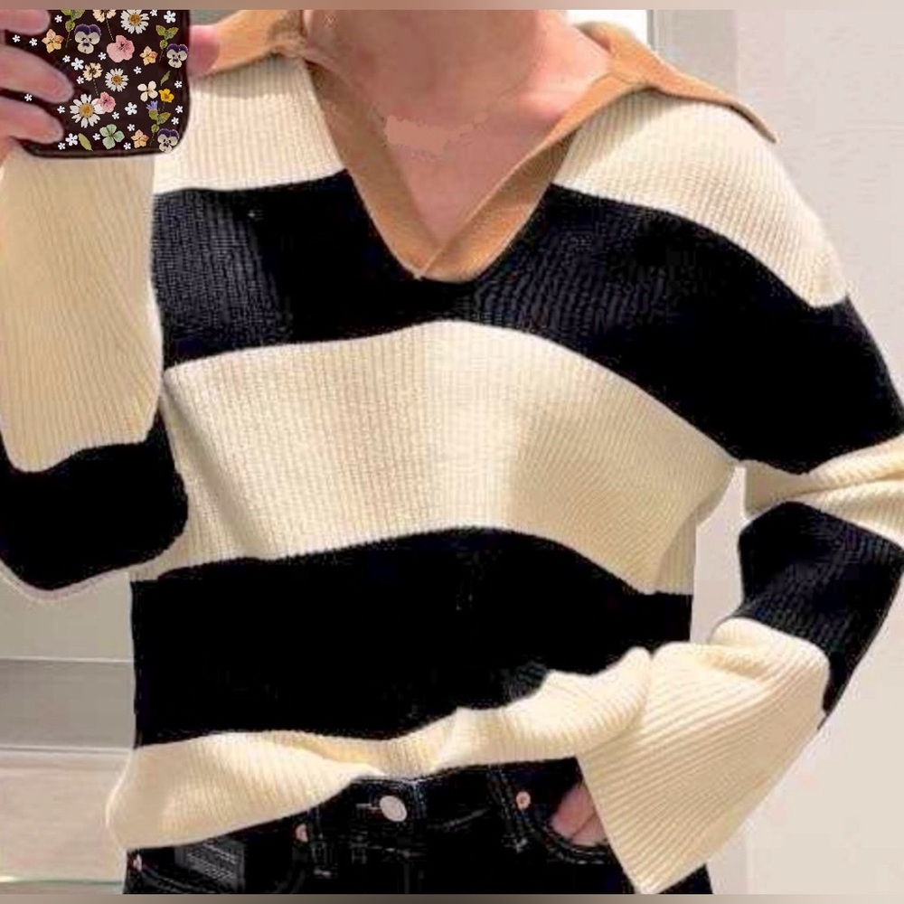 A New Day Women's Polo Pullover Sweater Black Striped Sz S Collared Long Sleeve - Picture 1 of 3